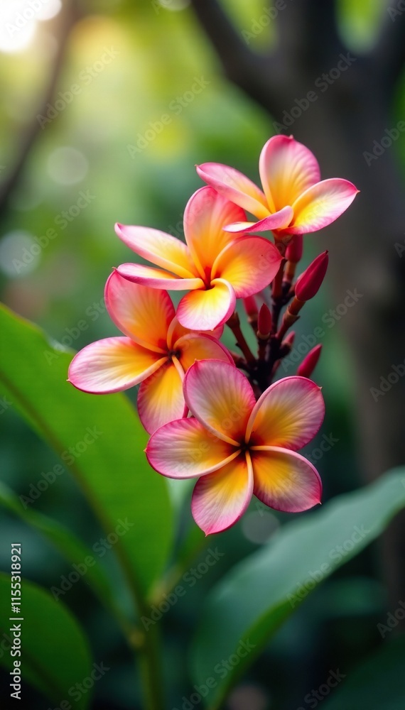 Fototapeta premium Exotic frangipani flowers hanging from the branches, flower, frangipani, tropical