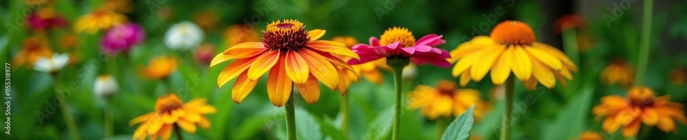 Elecampane flowers with stems and leaves in a garden bed, medicinal plants, nature, flora Elecampane flowers with stems and leaves in a garden bed, medicinal plants, nature, flora