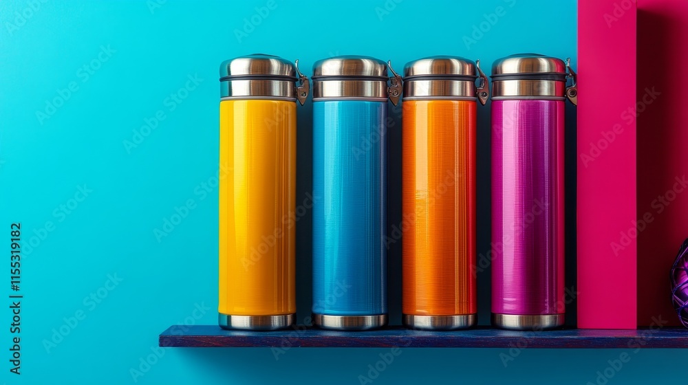 Four colorful thermoses arranged on a shelf against a bright blue background. Four colorful thermoses arranged on a shelf against a bright blue background.