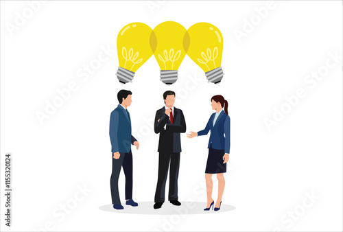 Sharing business ideas, collaboration meeting, sharing knowledge, teamwork or people thinking the same idea concept, smart thinking businessmen people office workers team up share lightbulb lamp idea.