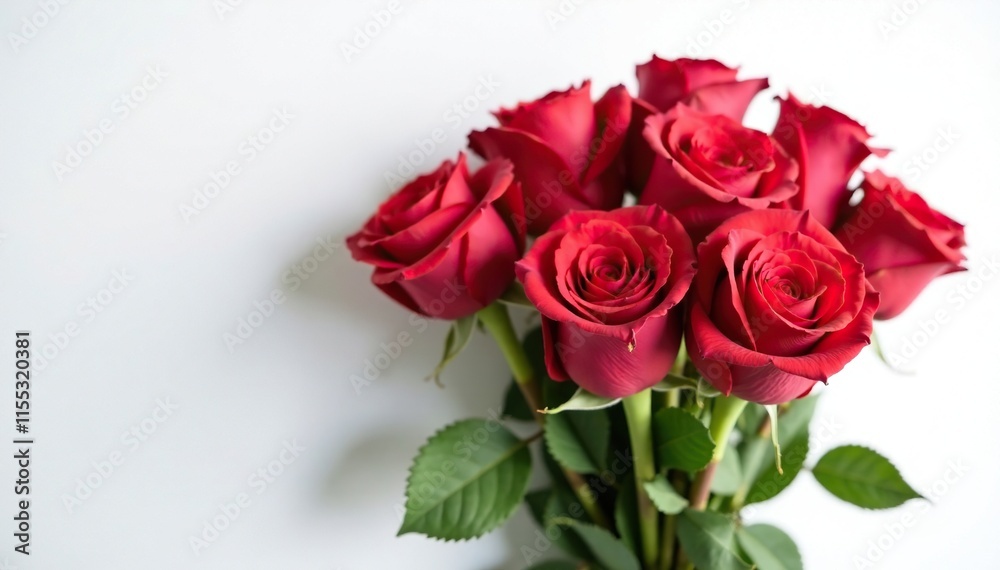 A bouquet of fresh long-stemmed red roses against a clean white background, arrangement, fresh, blooms A bouquet of fresh long-stemmed red roses against a clean white background, arrangement, fresh, blooms