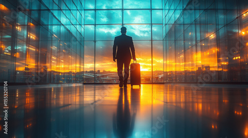 silhouette of professional walking with suitcase in modern airport at sunset