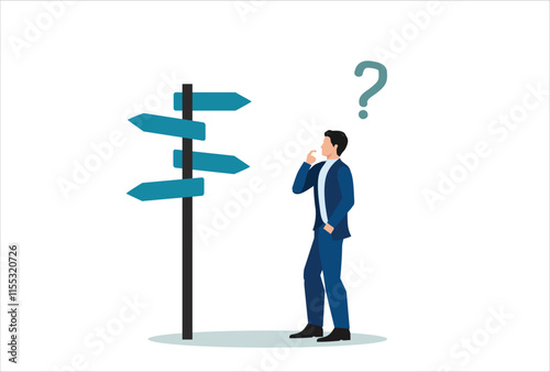 Business decision making, career path, work direction or choose the right way to success concept, confusing businessman looking at multiple road sign with question mark and thinking which way to go.