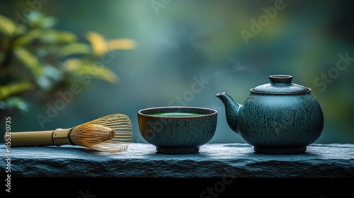 Still life of a matcha tea ceremony, featuring a ceramic tea bowl filled with matcha green tea, a small tea pot, and a bamboo whisk on a stone surface, surrounded by a blurred natural background. photo