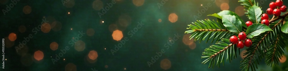 Obraz premium Green holly branches with red berries hanging on a string, cozy atmosphere, merry christmas