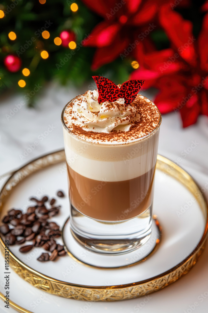 A festive coffee drink topped with whipped cream and cocoa, garnished with a decorative butterfly, set against a backdrop of holiday decorations. A festive coffee drink topped with whipped cream and cocoa, garnished with a decorative butterfly, set against a backdrop of holiday decorations.