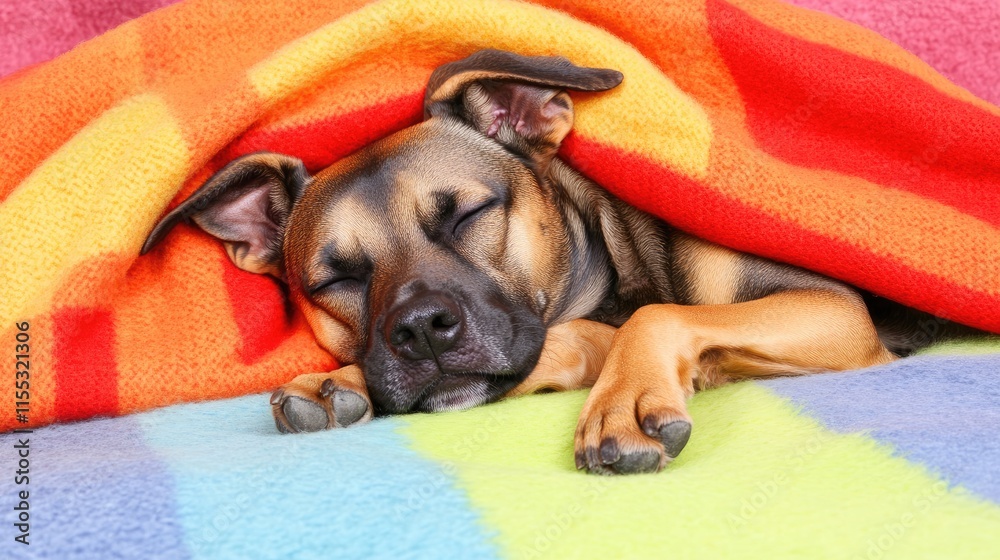 Cute and Cozy Dog Sleeping Peacefully Under Colorful Blanket on Soft Surface in Bright Indoor Environment Cute and Cozy Dog Sleeping Peacefully Under Colorful Blanket on Soft Surface in Bright Indoor Environment