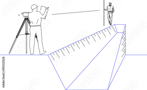 vector sketch illustration of the silhouette design of a construction worker working to measure height levels on a project using measuring tools.eps