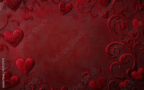 A deep red velvet texture with embossed heart designs and a central blank space for text, for Saint Valentines Day photo