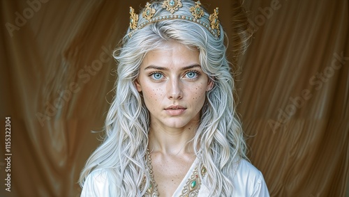 A boy with White holographic Ancient Persian dress, Smooth long dress, golden crown, blue eyes, tanned skin