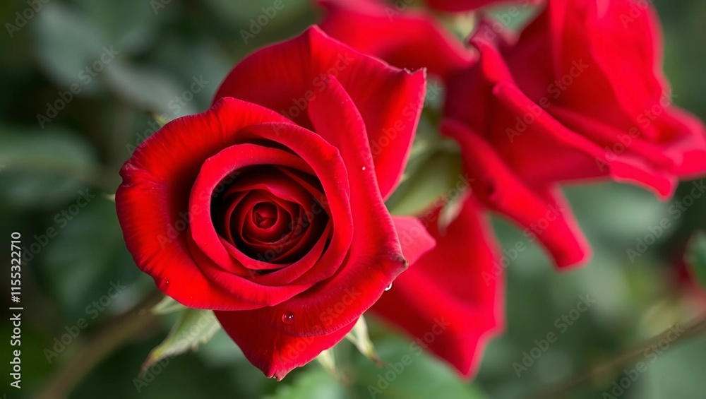 A beautiful red rose flower with spiral of velvety petals in stunning detail, vivid red tones contrasting with soft blurred greenery in the background, A beautiful red rose flower with spiral of velvety petals in stunning detail, vivid red tones contrasting with soft blurred greenery in the background,