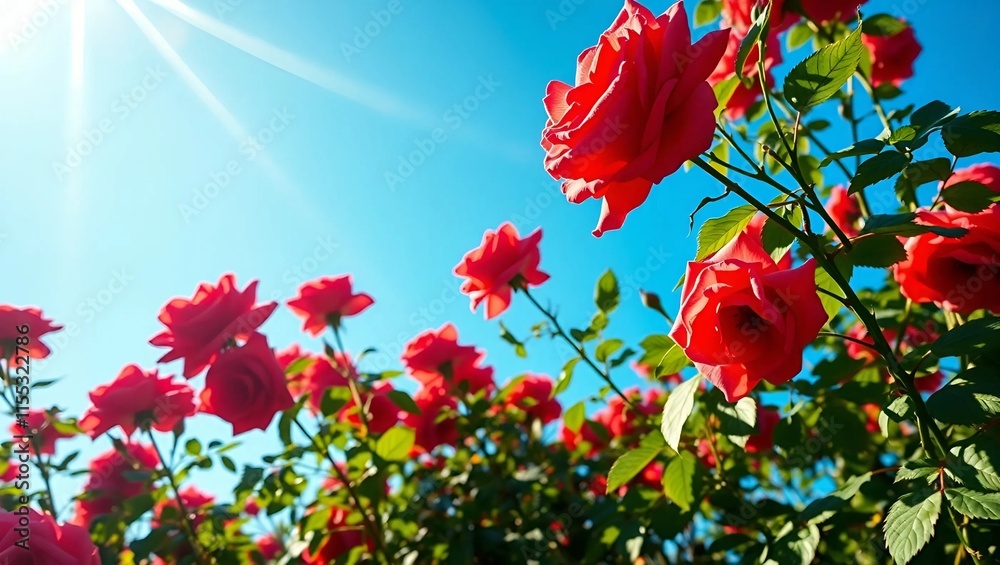 Obraz premium Red rose flowers, a vibrant garden of roses in full bloom under a bright blue sky, sunrays filtering through the petals,