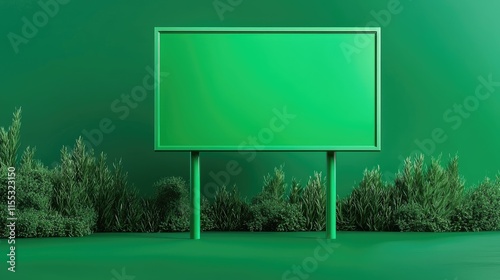 Minimalist green billboard in serene landscape showcasing empty advertising space surrounded by lush greenery and vibrant grass for creative use