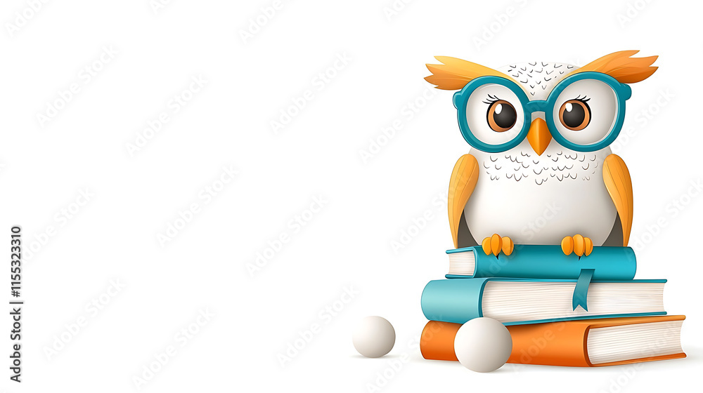 Fototapeta premium Wise owl reading books classroom digital illustration educational environment close-up learning concept