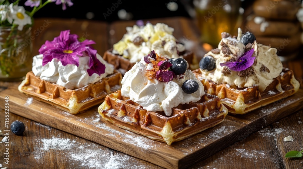 Three delicious waffles topped with whipped cream, fruits, and edible flowers on a wooden board. Three delicious waffles topped with whipped cream, fruits, and edible flowers on a wooden board.