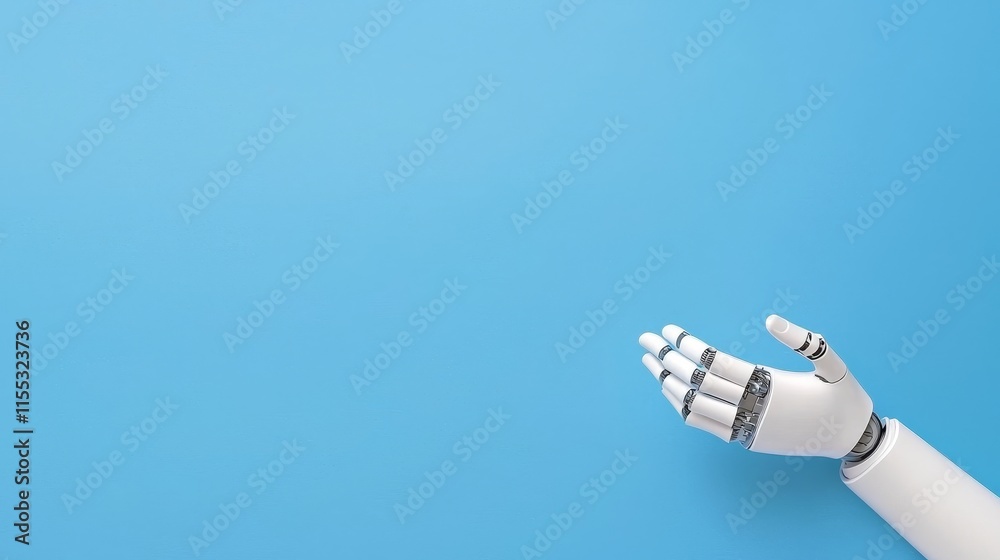 A robotic hand extends against a light blue background, symbolizing technology and innovation in artificial intelligence and robotics. A robotic hand extends against a light blue background, symbolizing technology and innovation in artificial intelligence and robotics.