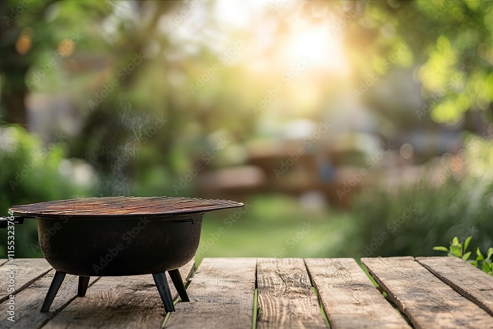 Summer time in backyard with wooden table, grill BBQ and blurred background Summer time in backyard with wooden table, grill BBQ and blurred background