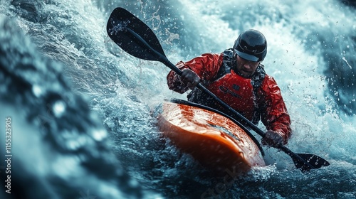 Fearless Kayaker Navigating Intense Whitewater Rapids with Determined Focus