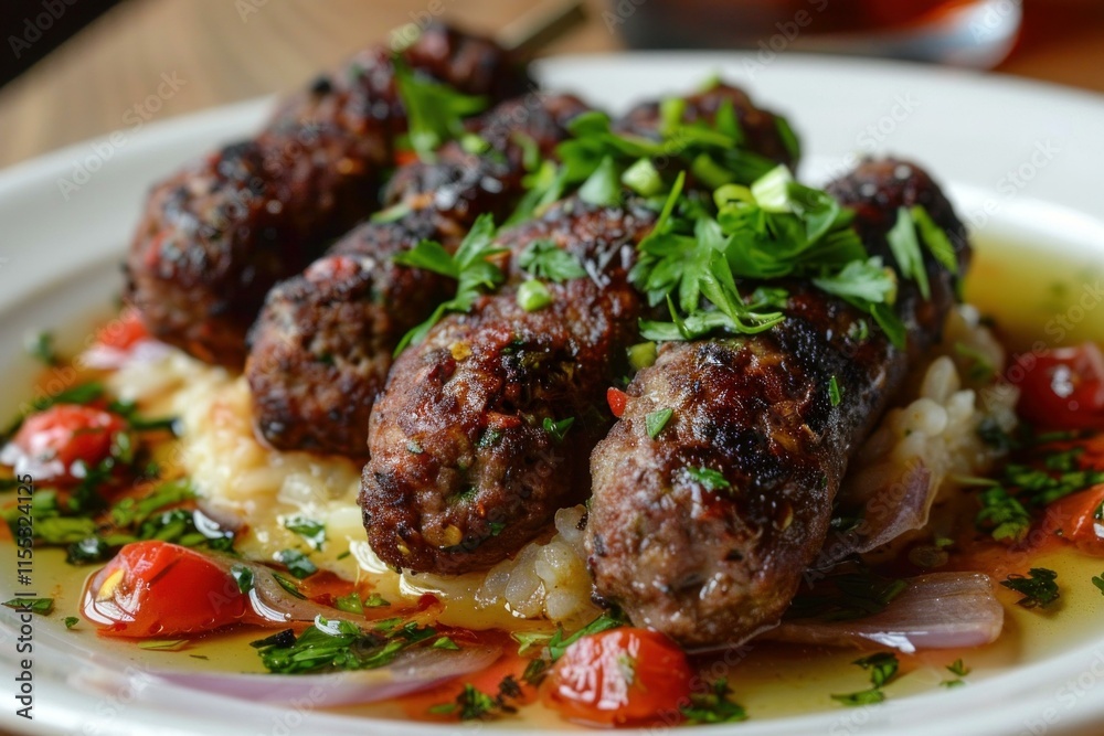 Four freshly grilled kofta kebabs are served on a bed of rice, garnished with chopped parsley, red onions, and cherry tomatoes Four freshly grilled kofta kebabs are served on a bed of rice, garnished with chopped parsley, red onions, and cherry tomatoes