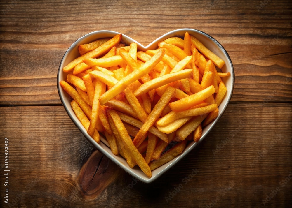 Crispy heart-shaped fries, a romantic fast food treat. Perfect for a delicious, shareable snack bowl. Crispy heart-shaped fries, a romantic fast food treat. Perfect for a delicious, shareable snack bowl.