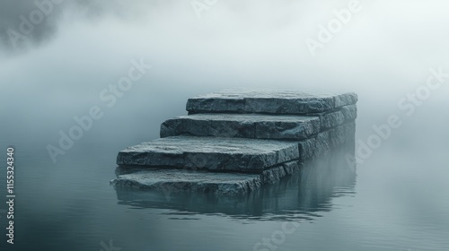 Abstract stone platform in water, veiled in thick, ghostly mistic aura photo