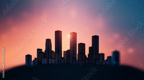 A stunning silhouette of a city skyline at sunset, featuring tall buildings against a colorful gradient sky.