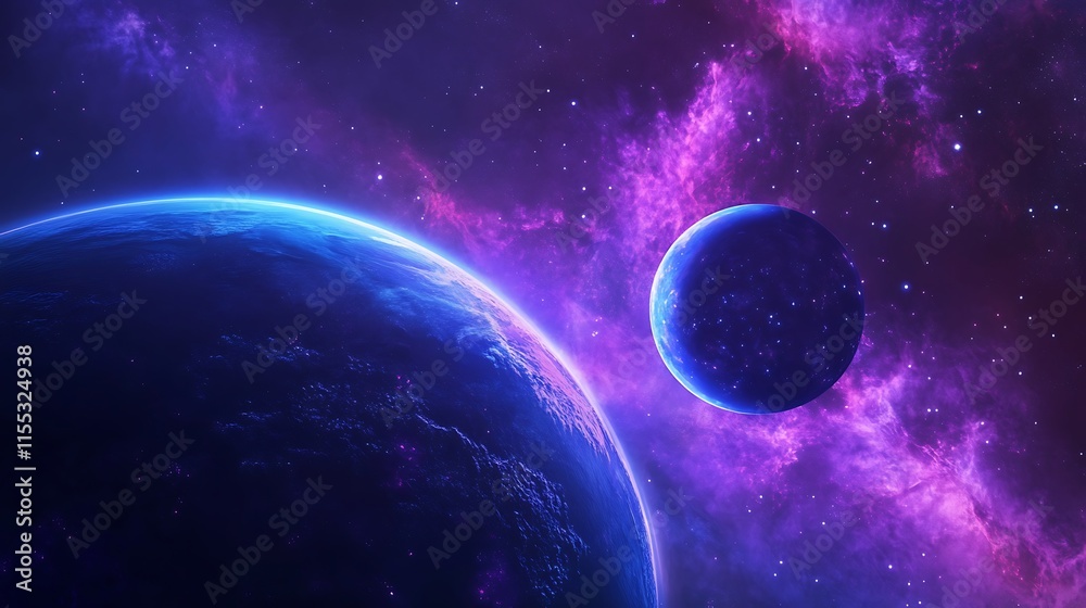 Obraz premium Stunning Digital Painting: Two Planets Orbiting in a Vibrant Purple Nebula. AI Generated