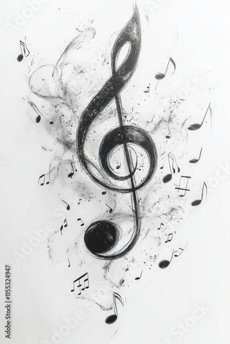 Musical notes with violin key flowing into sounds on a white background photo