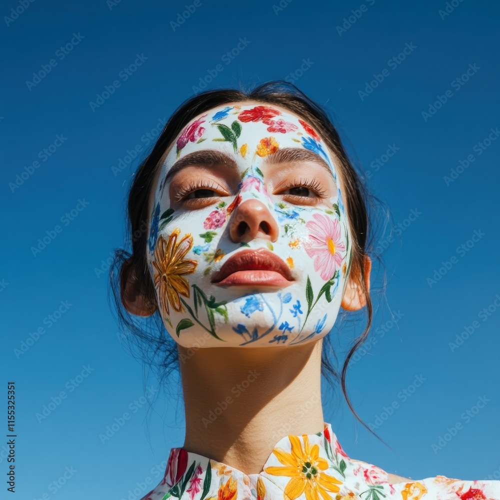 A woman with floral face paint against a clear blue sky. A woman with floral face paint against a clear blue sky.