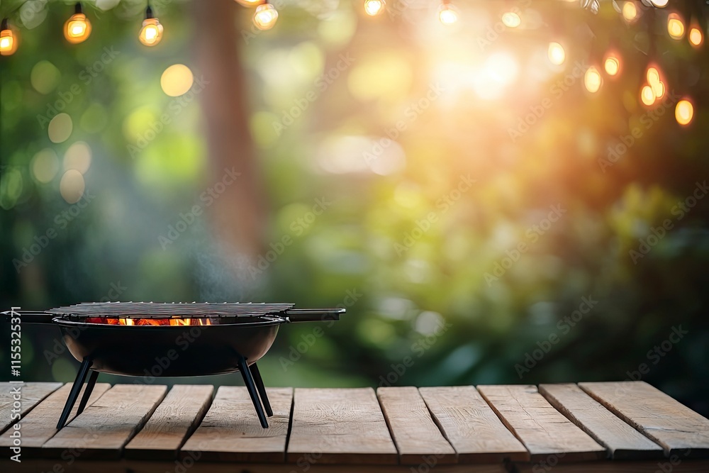 Summer time in backyard with wooden table, grill BBQ and blurred background Summer time in backyard with wooden table, grill BBQ and blurred background
