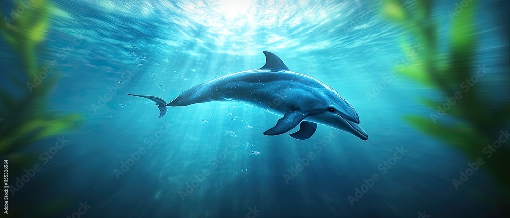 Graceful Dolphin Swimming in Clear Blue Ocean with Sunlight Filtering Through Water Surface and Marine Vegetation in the Background Graceful Dolphin Swimming in Clear Blue Ocean with Sunlight Filtering Through Water Surface and Marine Vegetation in the Background