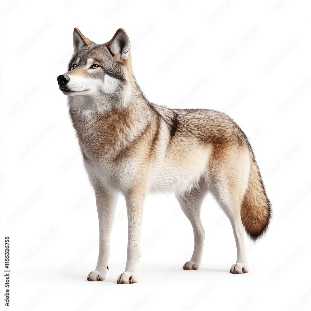 Realistic depiction of a standing wolf with a detailed fur texture and alert expression against a clean white background for wildlife and nature themes Realistic depiction of a standing wolf with a detailed fur texture and alert expression against a clean white background for wildlife and nature themes