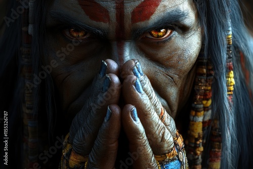 the image depicts a digitally rendered, shamanistic, or tribal figureMystical Shaman in Prayer photo