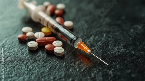 A detailed syringe and an array of colorful pills lay scattered on a dark surface, evoking themes of medical intervention, healthcare challenges, and human resilience. photo