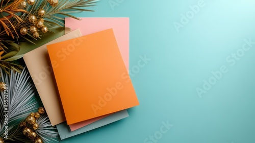 An assortment of colorful books on a bright surface decorated with festive branches and golden baubles, creating a cheerful and celebratory atmosphere. photo