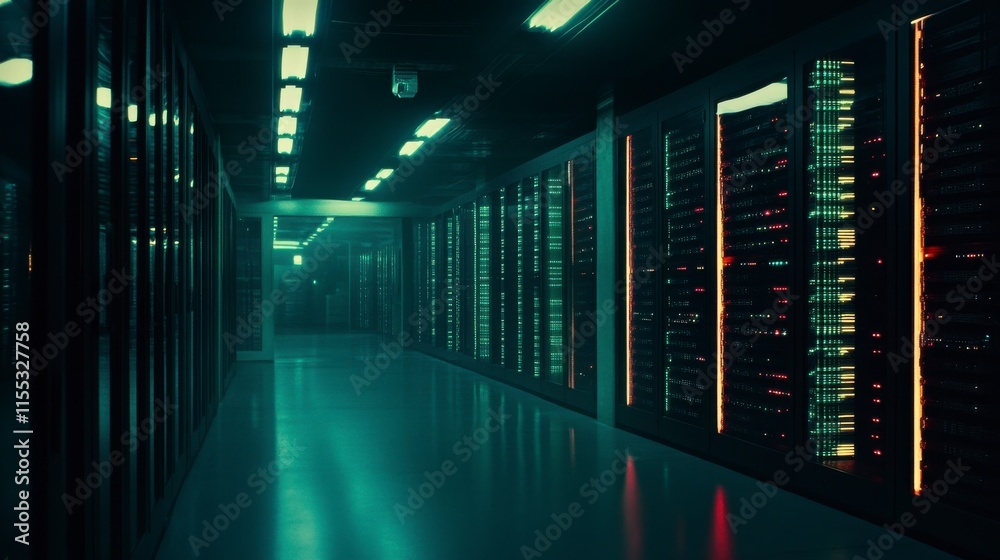 Fototapeta premium Futuristic Data Center Corridor with Neon Lights and Rows of Server Racks in a High-Tech Environment