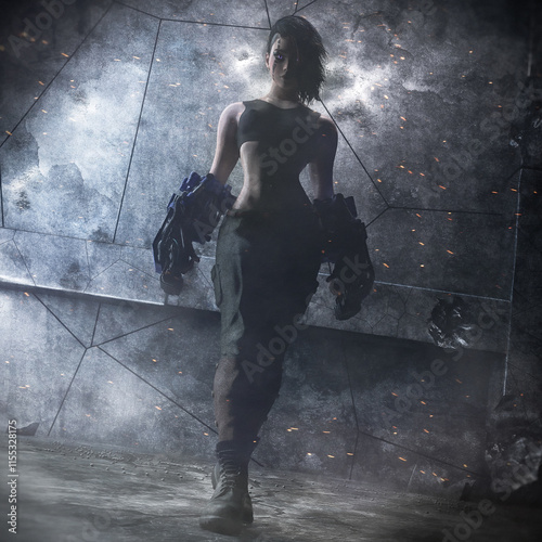 3d rendering of a strong and fierce female character with heavy metal gauntlets on her arms standing on a desolated and damaged environment with stylized lighting