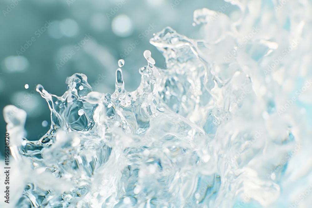Water splash and drops on blue background with abstract icy texture, 