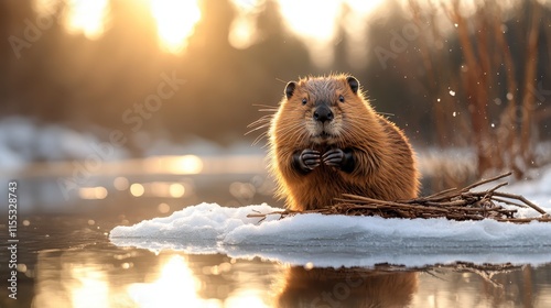 A charming beaver stands on a snowy mound, surrounded by twigs, gazing towards the setting sun. The scene embodies calmness amidst a winter wonderland. photo