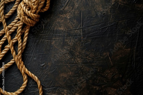 Ship rope with knot on dark scratched background creating a nautical themed image with copy space