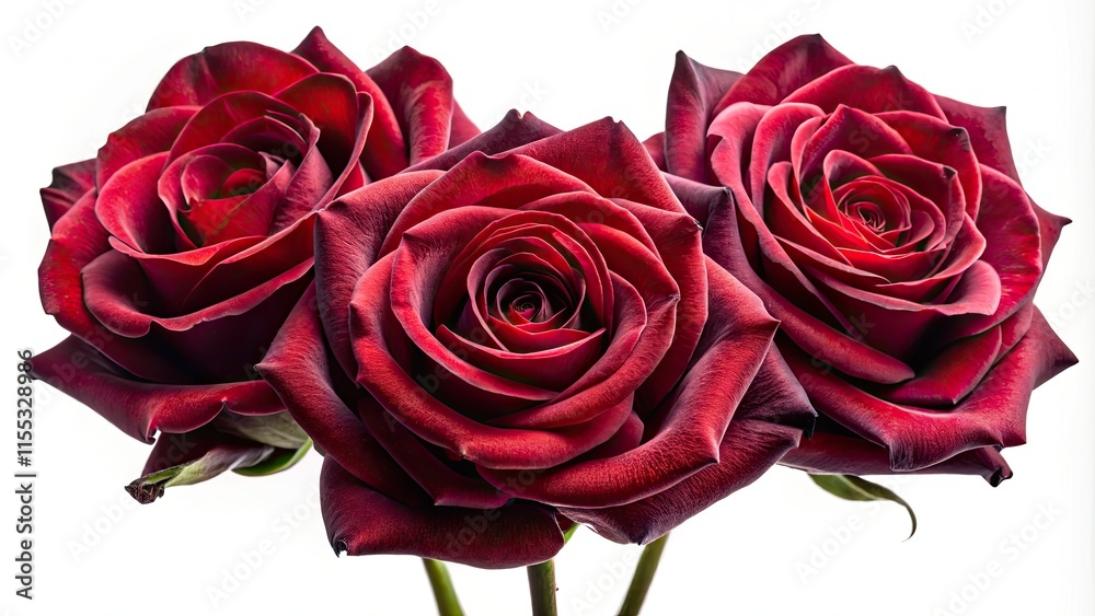 Isolated dark red roses; three blooms, elegant and striking, create a captivating still life against a pure white.