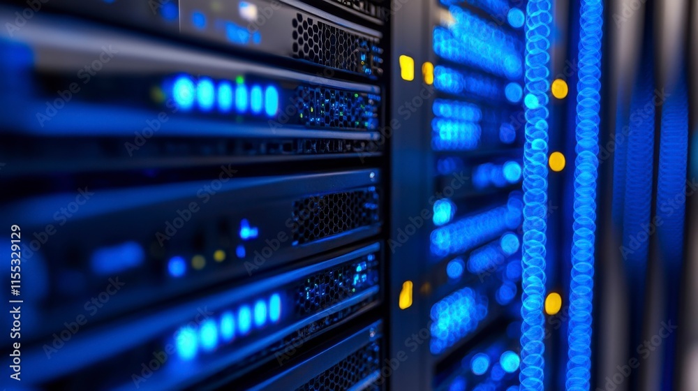 High-Tech Server Room with Glowing LED Lights and Modern Equipment in a Data Center Environment for Advanced Technology Solutions High-Tech Server Room with Glowing LED Lights and Modern Equipment in a Data Center Environment for Advanced Technology Solutions