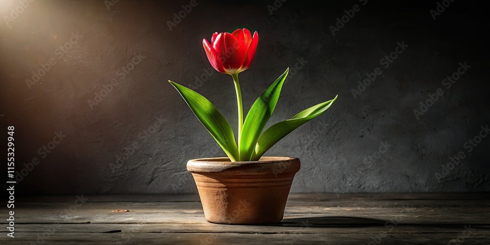 Low-light drama enhances a single red tulip's beauty within a rustic clay pot. Still life perfection. Low-light drama enhances a single red tulip's beauty within a rustic clay pot. Still life perfection.