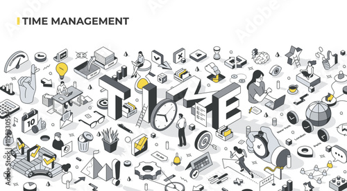 Isometric illustration of time management, featuring clocks, checklists, calendars, and task lists. The word TIME is central, surrounded by people working, gears, and symbols of productivity