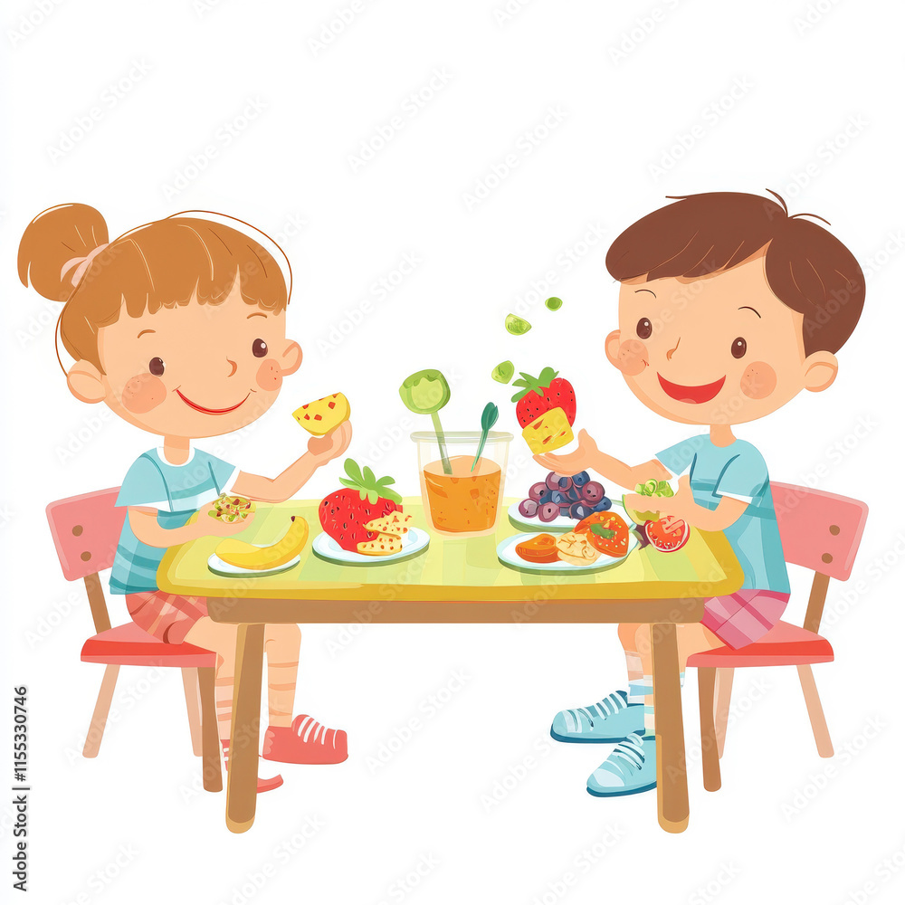 Two cheerful children enjoying a healthy meal with fruits and drinks at a bright table in a cheerful kitchen setting, promoting healthy eating habits for kids Two cheerful children enjoying a healthy meal with fruits and drinks at a bright table in a cheerful kitchen setting, promoting healthy eating habits for kids
