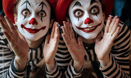 Portrait of two clowns with white face paint, red hats, and striped shirts, showing their hands to the camera with funny expressions on their faces