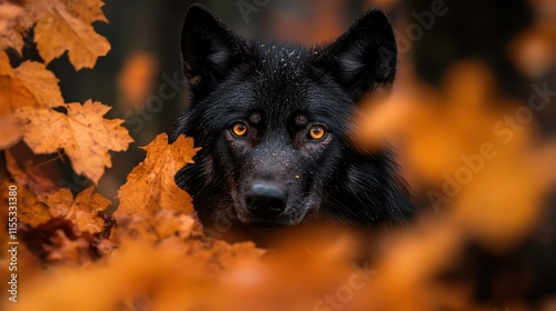 A mysterious black wolf peers intently through vibrant autumn leaves, capturing the essence of the wild with a sense of intrigue and intense focus in its eyes. photo