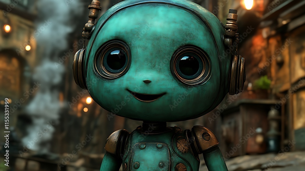 Cute teal robot in steampunk city. Cute teal robot in steampunk city.