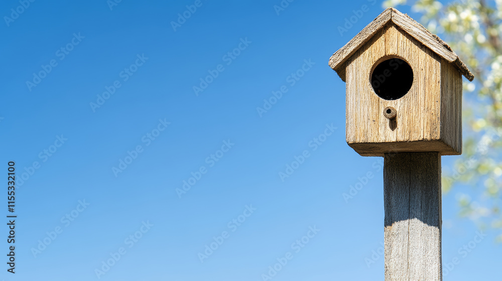Wooden birdhouse perched atop a tall pole, set against a backdrop of a clear blue sky, creating a serene and tranquil outdoor scene Wooden birdhouse perched atop a tall pole, set against a backdrop of a clear blue sky, creating a serene and tranquil outdoor scene