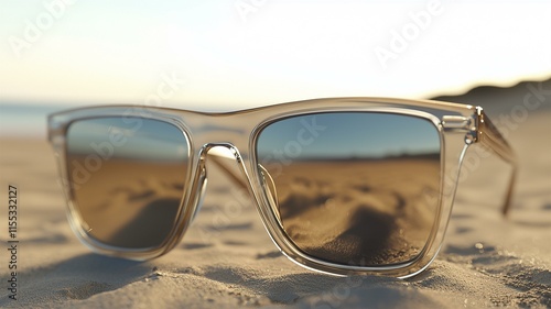 Photorealistic ad of luxury sunglasses with reflective lenses, sleek frame, and beach background
 photo